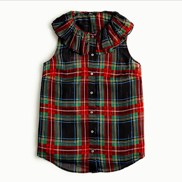 J. Crew Tops - 🎉Host Pick 🎉 J Crew Sleeveless ruffle-collar top in black Stewart tartan